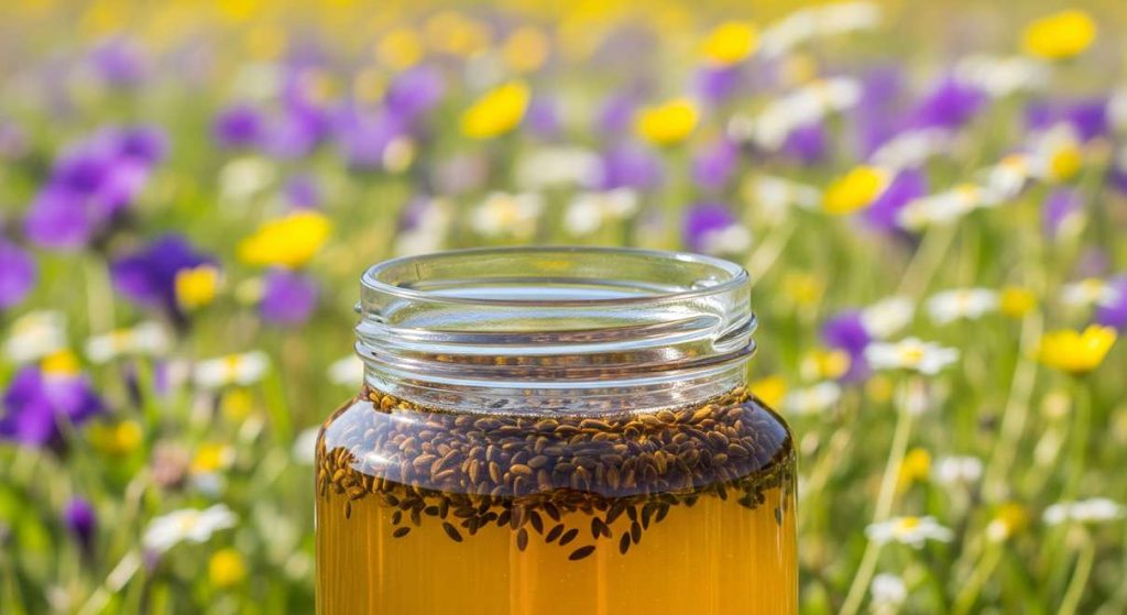 عسل و سیاه‌دانه با گل‌های مزرعه