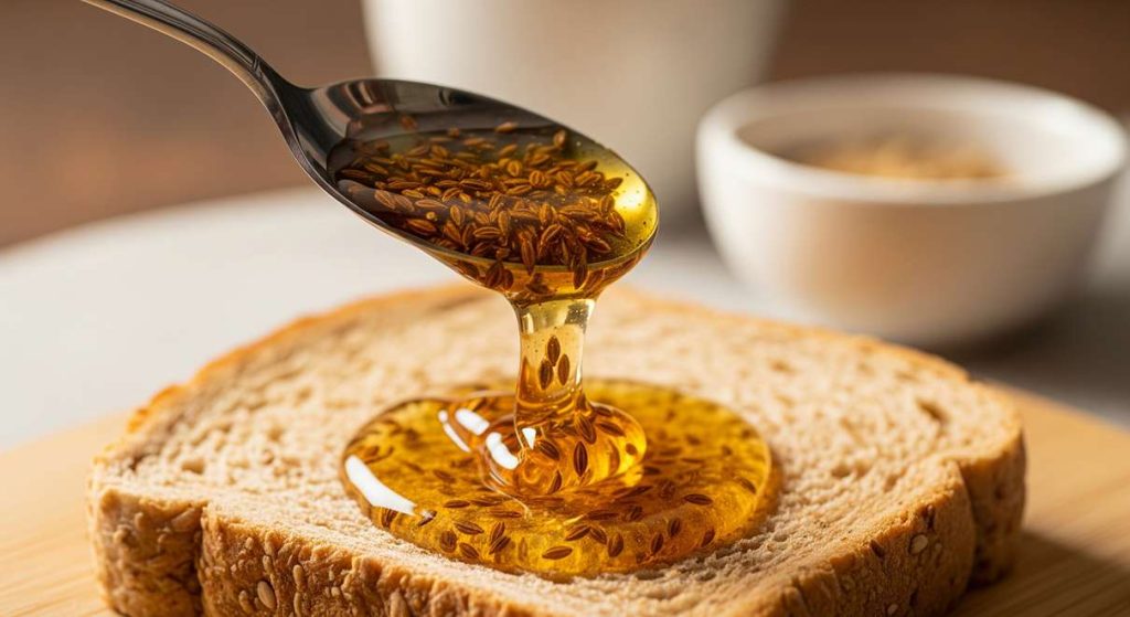 ریختن عسل و سیاه دانه بر نان تست