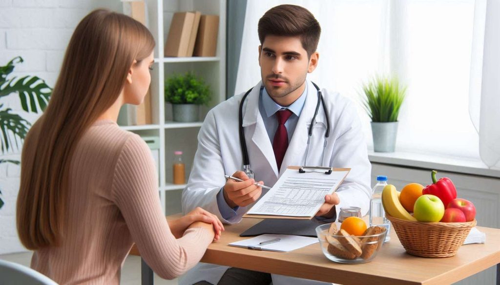 نمایی از پزشک یا متخصص تغذیه که در حال بررسی برگه آزمایش و صحبت با مراجعه‌کننده است