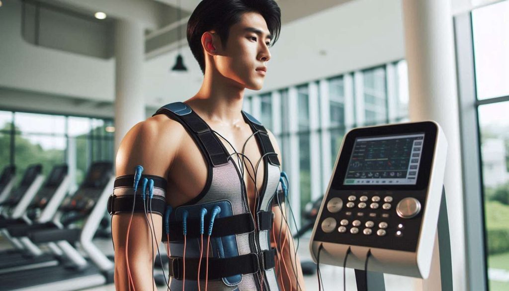 نمای نزدیک از دستگاه EMS، با جلیقه و الکترودها روی بدن فرد، در یک محیط باشگاهی مدرن و تمیز.