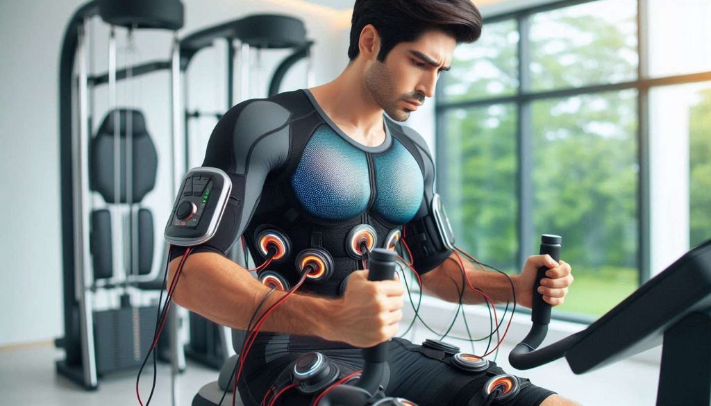 فردی در حال ورزش با EMS، در حالتی آرام و متمرکز، بدون نمایش بدن اغراق‌شده یا فرم ایده‌آل.