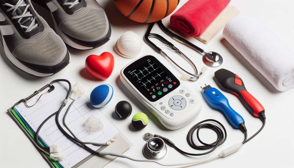 ابزارهای ورزشی مختلف در کنار یک دستگاه EMS روی زمینه سفید، حس بررسی و انتخاب.