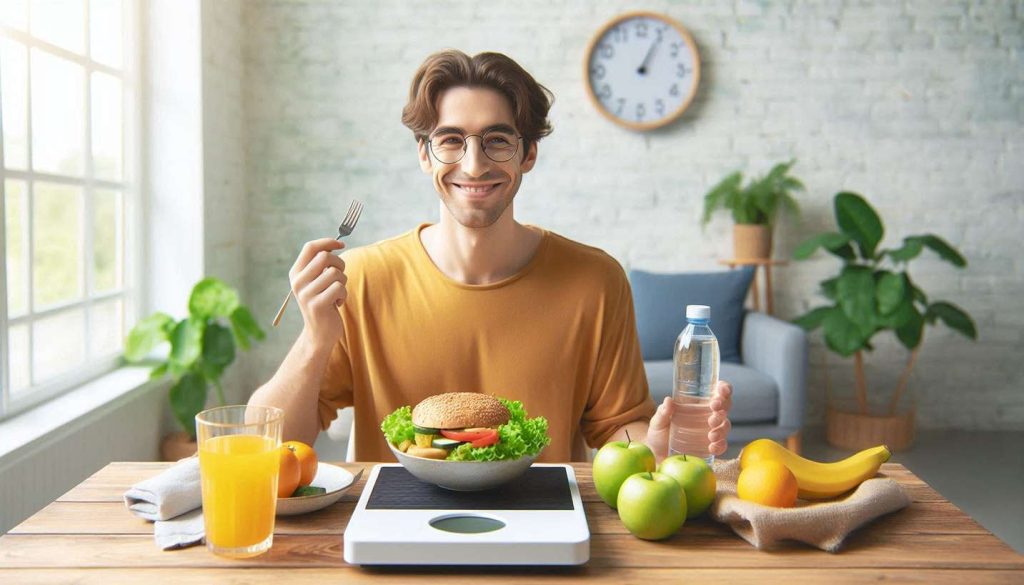یک فرد با لبخند رضایت، کنار ترازو و وعده غذایی سالم، در یک محیط آرام و روشن