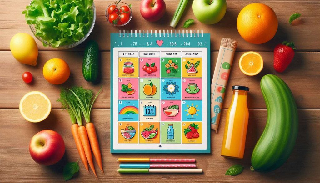دفترچهای با تقویم رنگی و وعدههای غذایی ساده، در کنار بطری آب و میوههای تازه