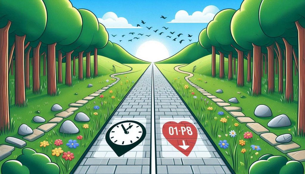 دو مسیر در یک فضای باز؛ یک مسیر با نماد ساعت، دیگری با نماد کالریشمار