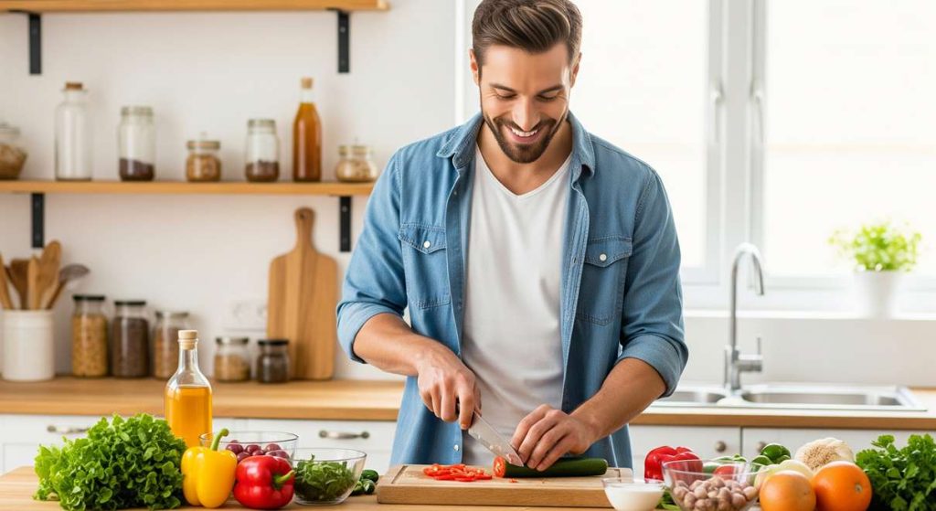 فرد خوشحال در حال پخت وعده سالم با سرکه سیب