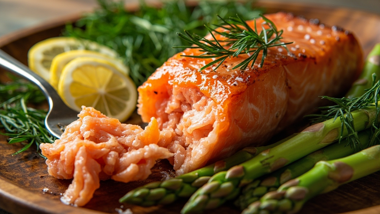 فیله سالمون پخته شده با لیمو و سبزیجات، منبع غنی امگا 3 و پروتئین