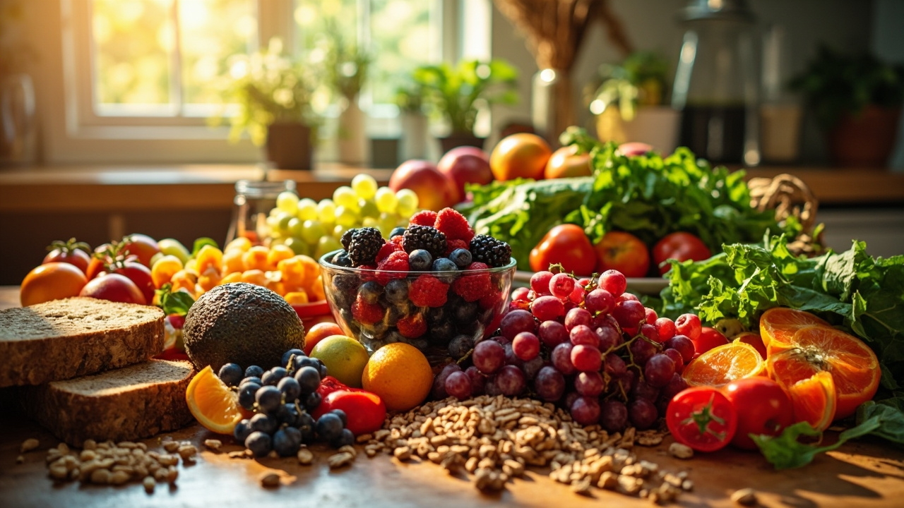 میز پر از غذاهای سالم و سبزیجات برای رژیم غذایی کبد چرب