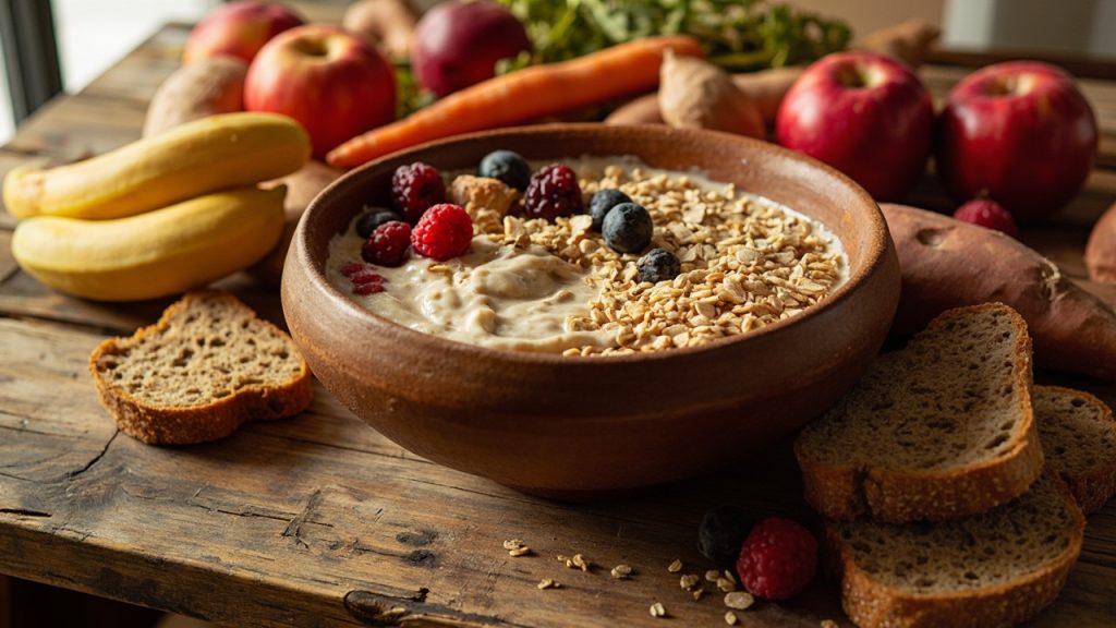 انواع منابع سالم کربوهیدرات شامل میوه، غلات کامل، نان سبوس دار و سبزیجات