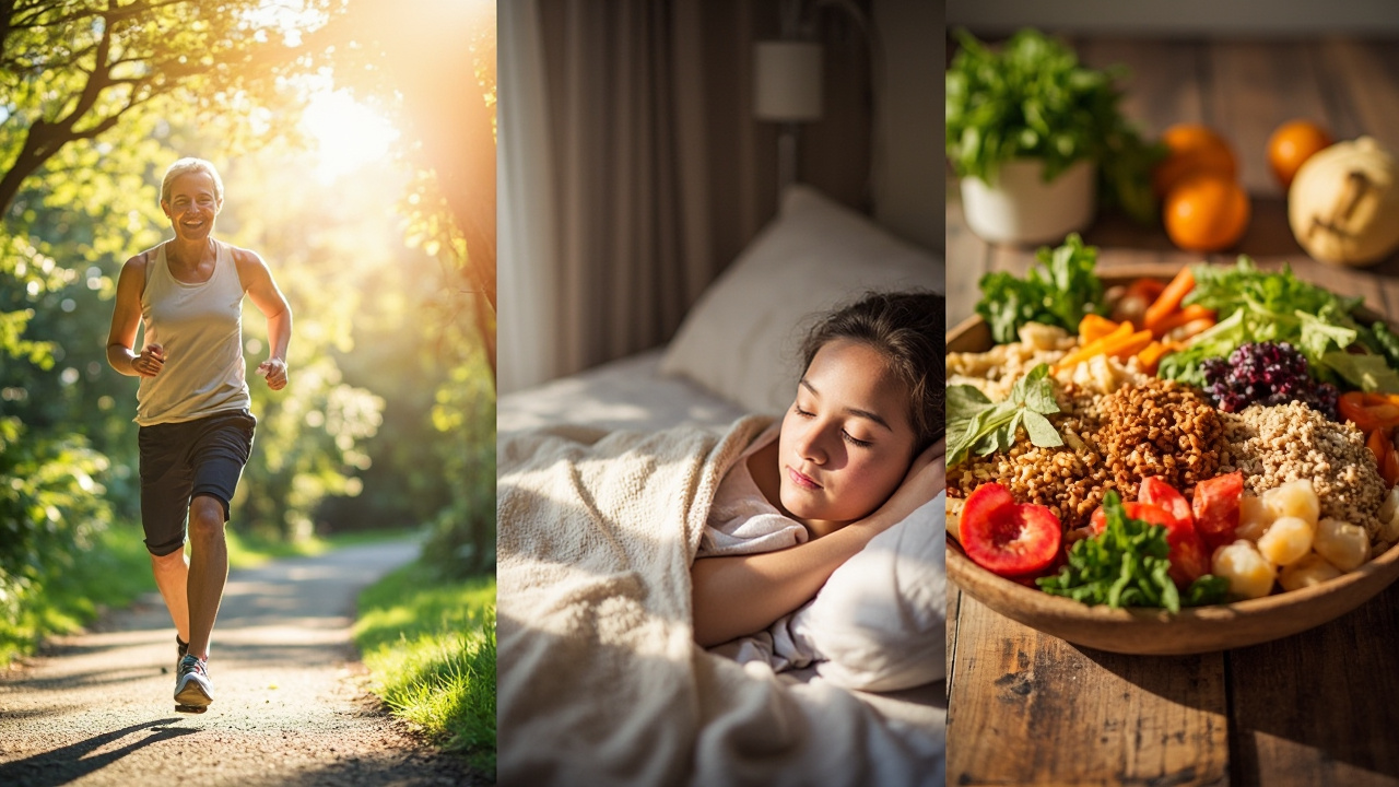 کلاژ سبک زندگی سالم شامل ورزش، خواب و تغذیه برای تقویت جنسی