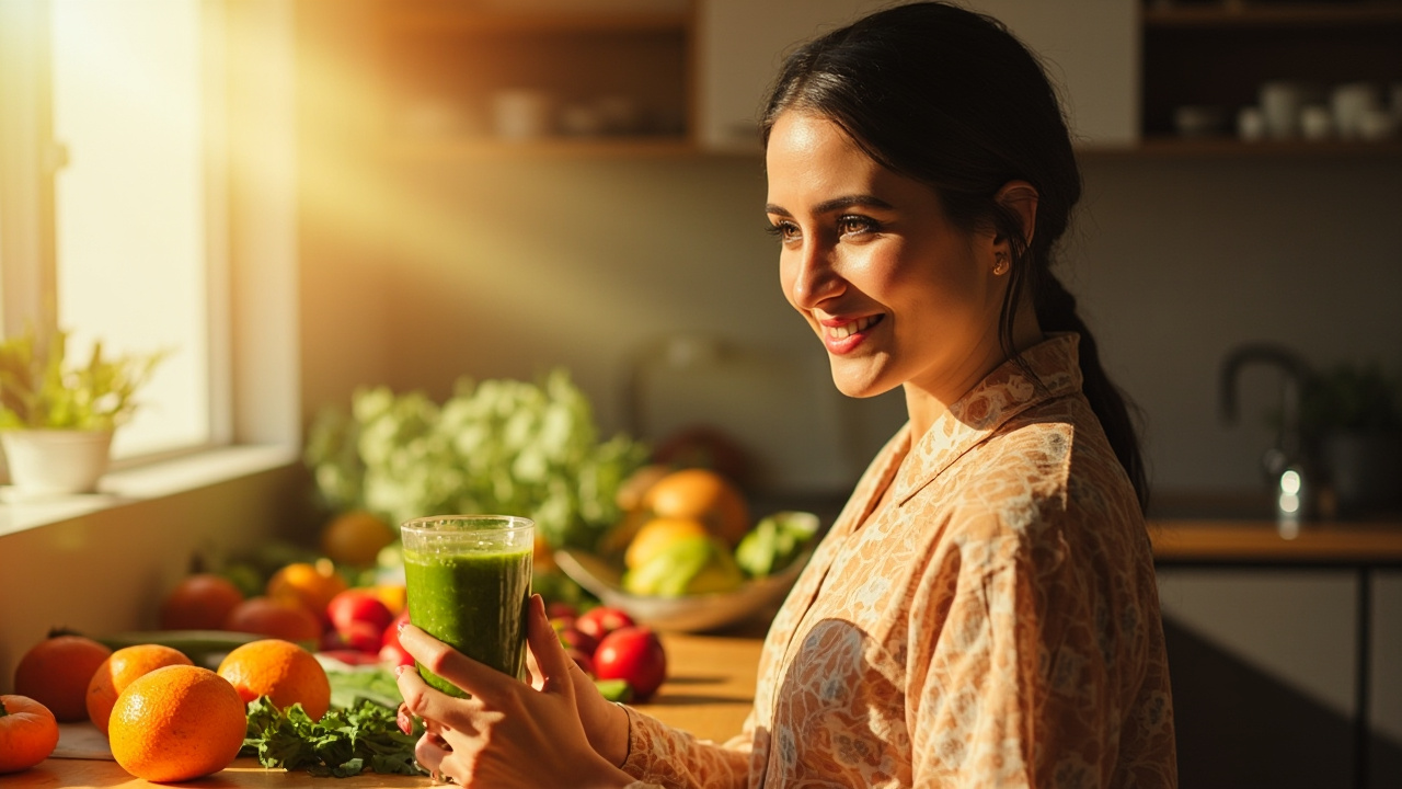 بانوی جوان ایرانی در حال آماده‌سازی رژیم غذایی سالم با میوه‌ها و سبزیجات