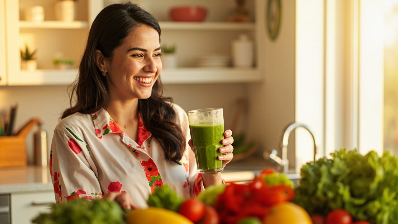 بانوی جوان ایرانی در حال آماده‌سازی رژیم غذایی سالم با میوه‌ها و سبزیجات