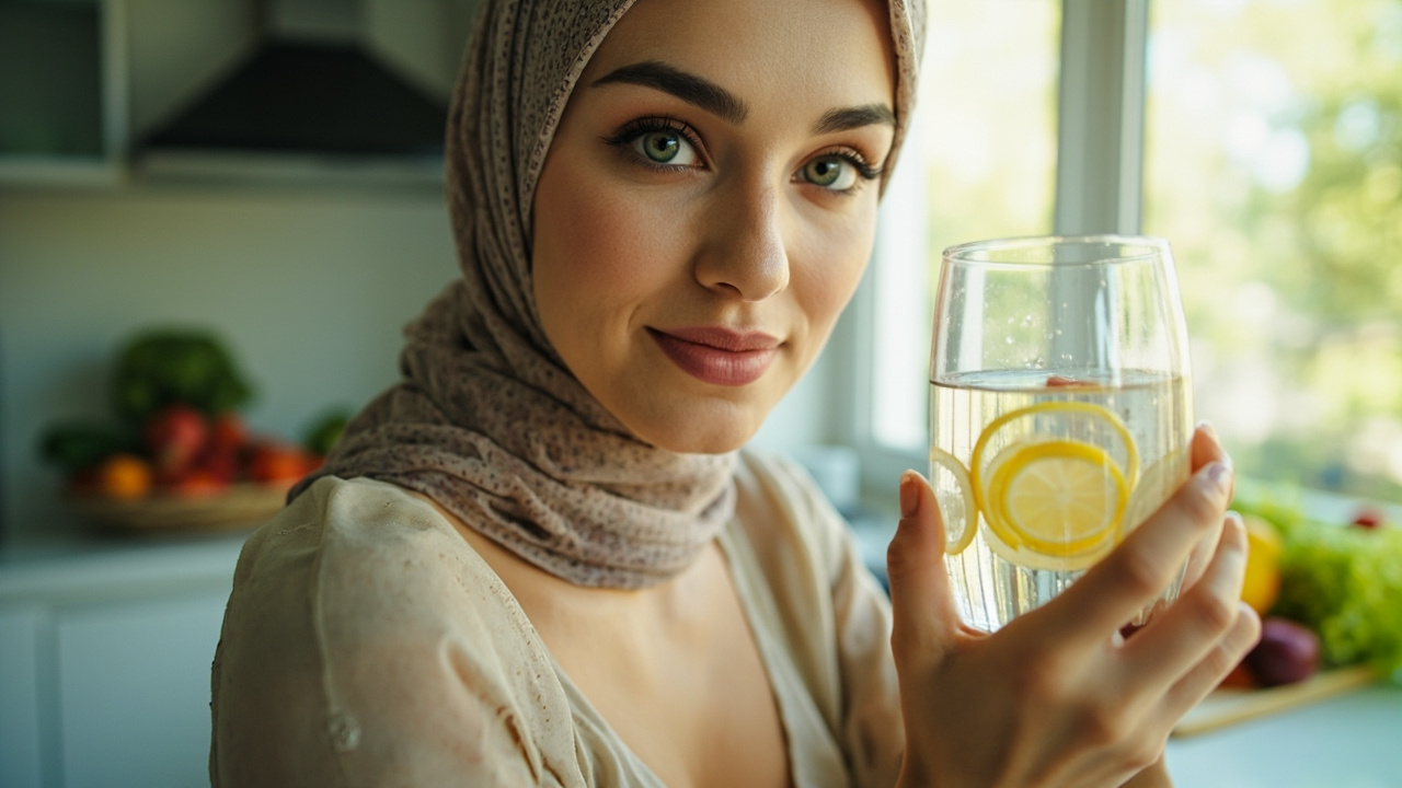 زن ایرانی در حال نوشیدن آب در طول رژیم فستینگ برای لاغری و سلامتی