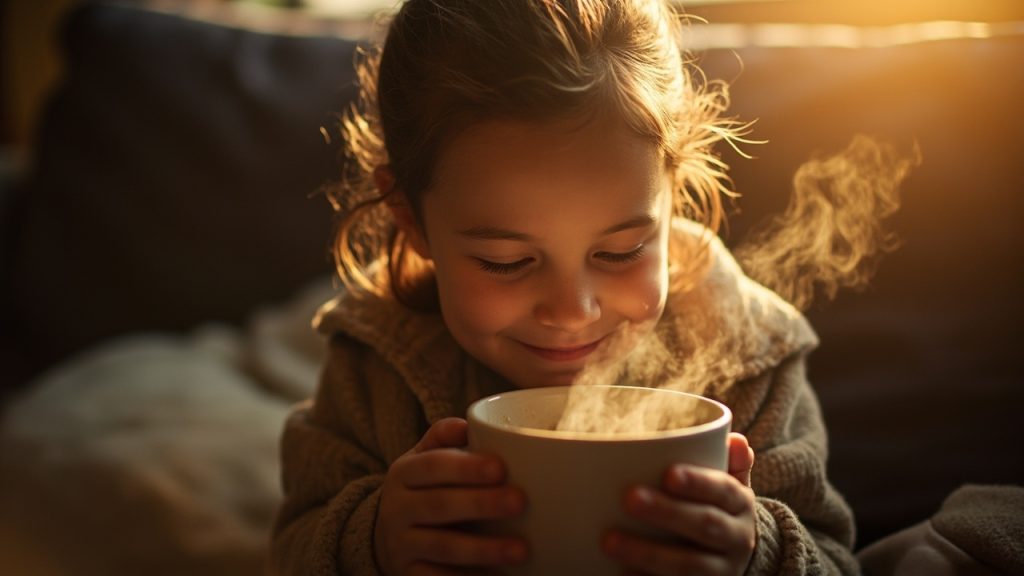 کودک در حال نوشیدن چای عسل برای تسکین سرفه