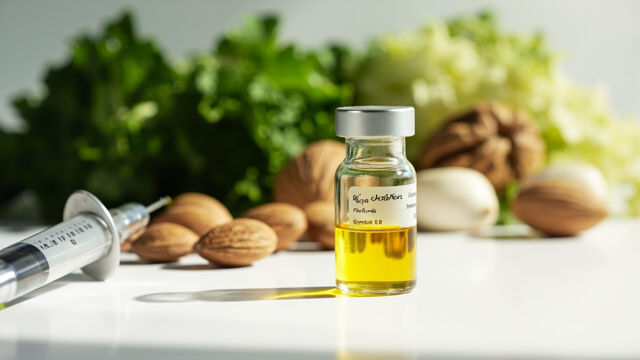 آمپول نوروبیون، سرنگ و مواد غذایی حاوی ویتامین B برای تقویت اعصاب