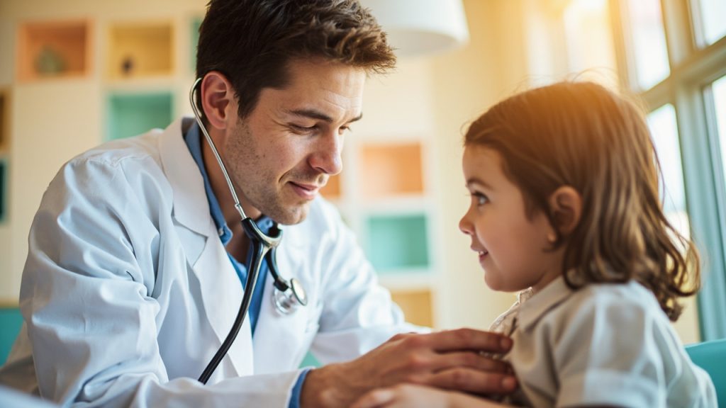 پزشک متخصص اطفال در حال معاینه کودک