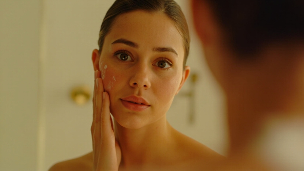 فردی در حال بررسی پوست صورت خود در آینه برای تشخیص تغییرات