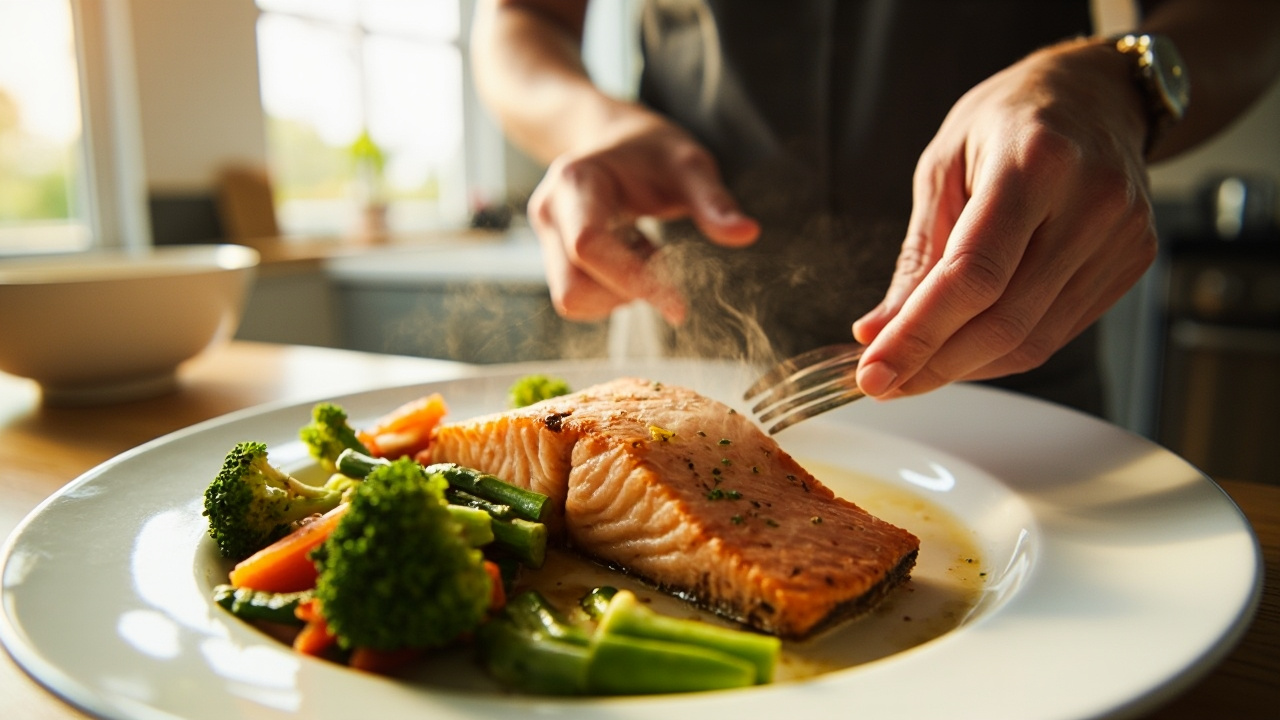 بشقاب سالمون پخته شده با سبزیجات، غذای سالم برای تناسب اندام