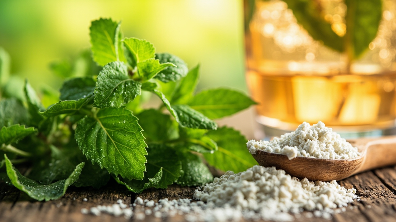 برگهای گیاه استویا و پودر شیرین کننده طبیعی استویا