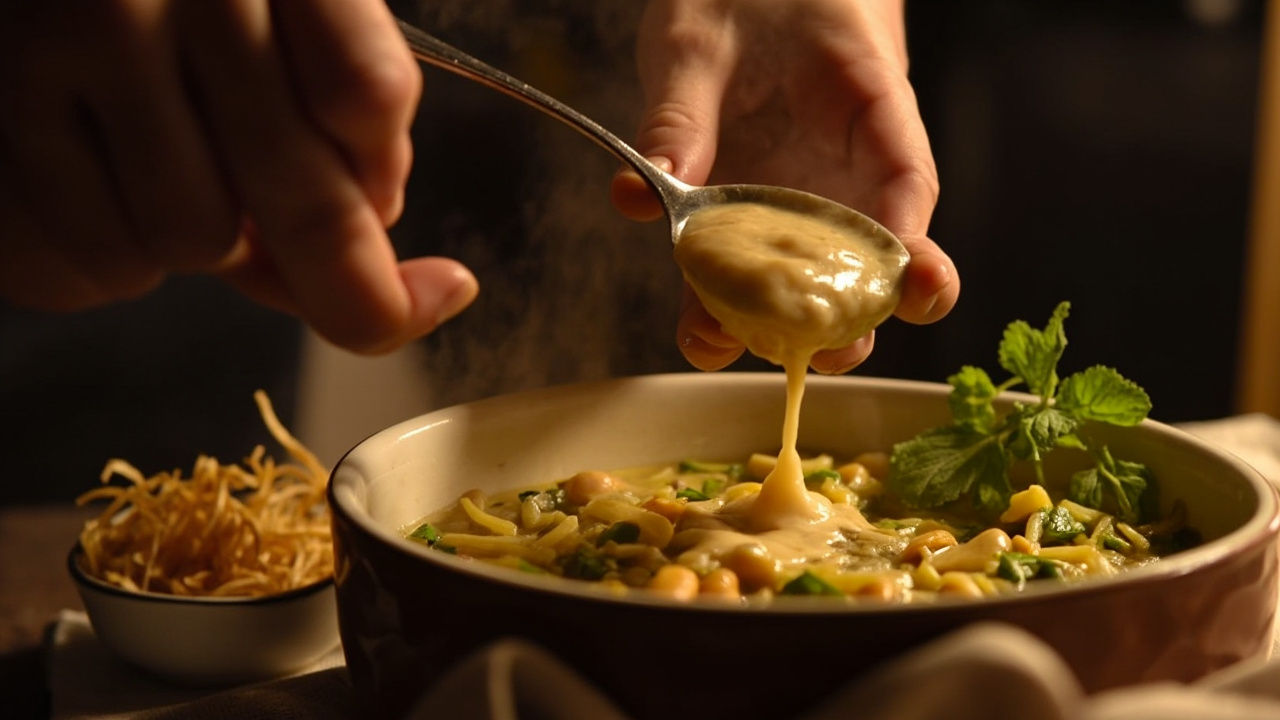 افزودن کشک و تزیین آش ترخینه