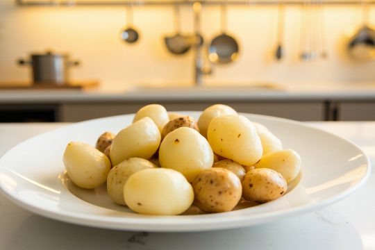 سیب زمینی آب پز تازه و سالم در یک بشقاب