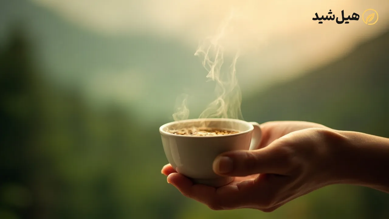 فنجان چای کوهی در دست با پس‌زمینه آرامش‌بخش