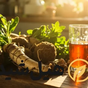 ریشه و برگ کاسنی در کنار لیوان عرق کاسنی، نماد سلامت کبد و گوارش