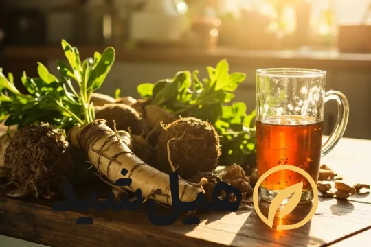 ریشه و برگ کاسنی در کنار لیوان عرق کاسنی، نماد سلامت کبد و گوارش