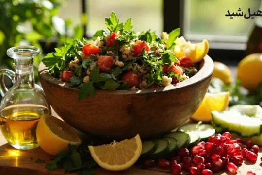 سالاد تبوله لبنانی با جعفری، گوجه، بلغور و برش‌های لیمو