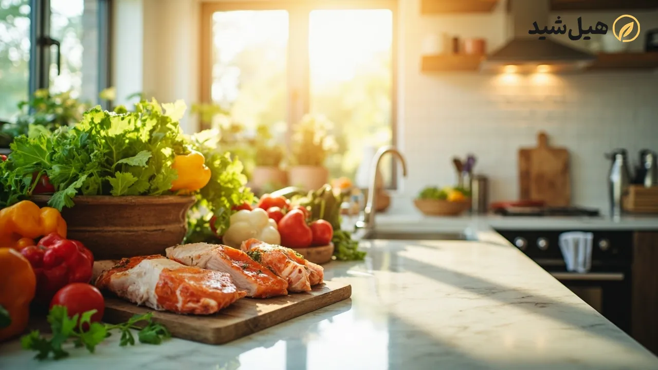 نماد غذای سالم و تازه در آشپزخانه برای برنامه لاغری خانگی