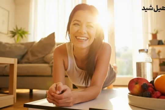 فردی با رژیم غذایی سالم و ورزش روزانه در خانه به لاغری و تناسب اندام می‌رسد