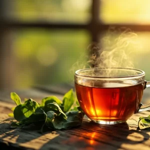 فنجان دمنوش چای کوهی و برگ‌های تازه گیاه