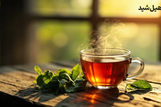 فنجان دمنوش چای کوهی و برگ‌های تازه گیاه