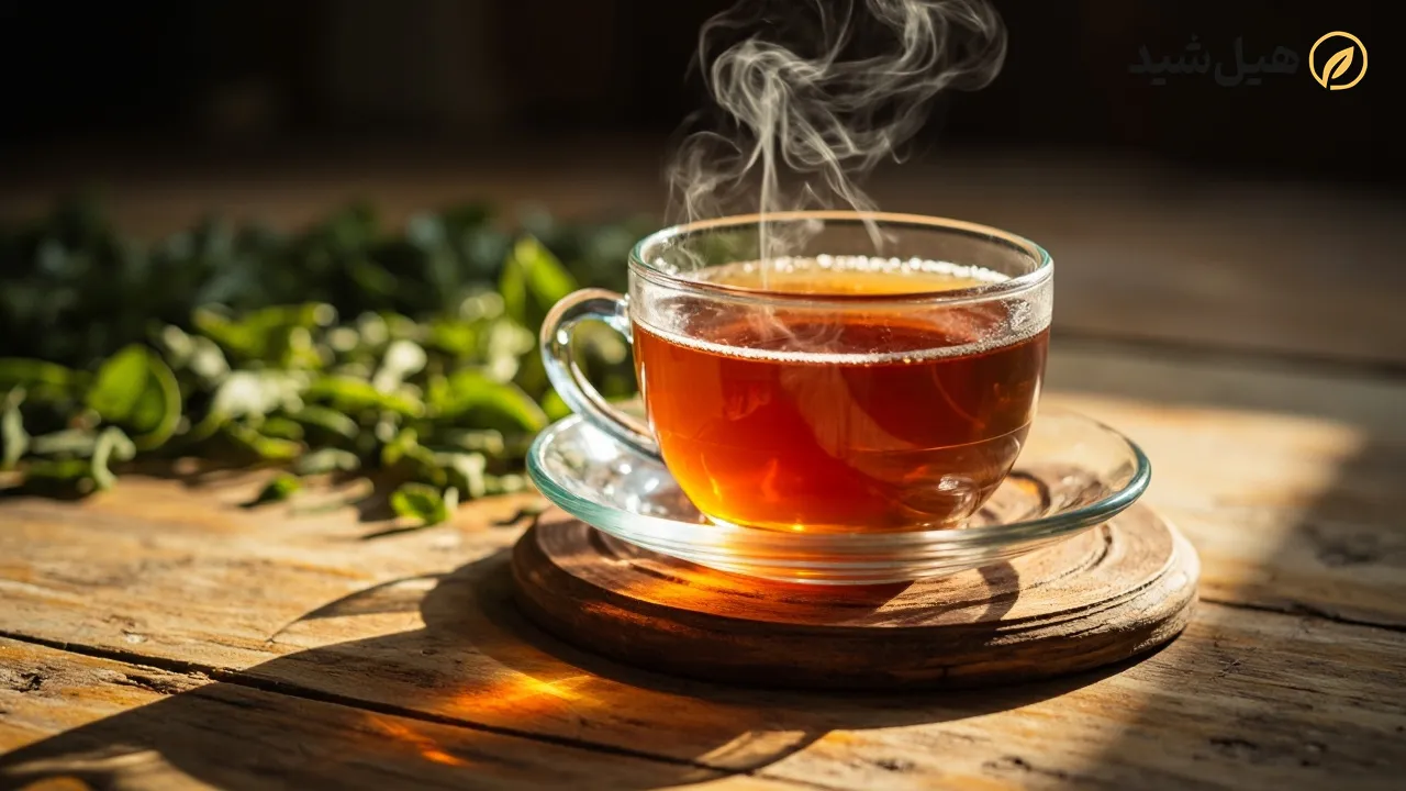 فنجان دمنوش چای کوهی و برگ‌های تازه گیاه