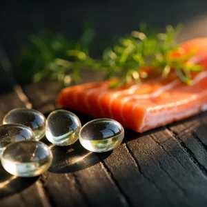 کپسول امگا 3 در کنار ماهی سالمون و شوید