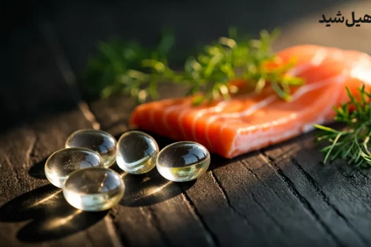 کپسول امگا 3 در کنار ماهی سالمون و شوید