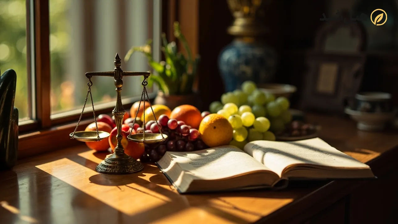 نماد تعادل بین علم و تغذیه برای لاغری پایدار در خانه