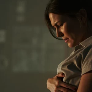 زن نگران و دست روی شکم، علائم کبد چرب در زنان، سلامت کبد