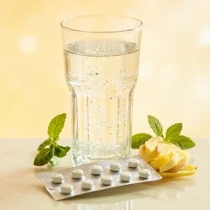 قرص ضد تهوع و لیوان آب برای تسکین حالت تهوع