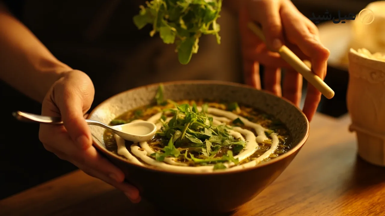 تزیین و سرو آش ترخینه با نعناع داغ و کشک