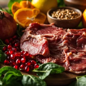 بشقاب حاوی اسفناج، گوشت قرمز، انار و عدس برای تقویت خون و درمان کم خونی