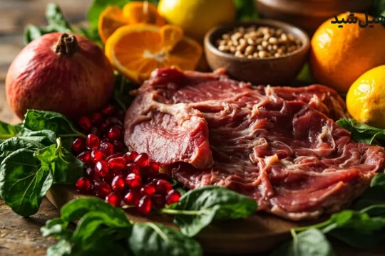 بشقاب حاوی اسفناج، گوشت قرمز، انار و عدس برای تقویت خون و درمان کم خونی