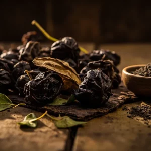 میوه خشک شده هلیله سیاه و پودر آن در کاسه چوبی