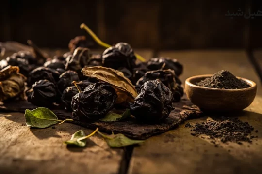 میوه خشک شده هلیله سیاه و پودر آن در کاسه چوبی