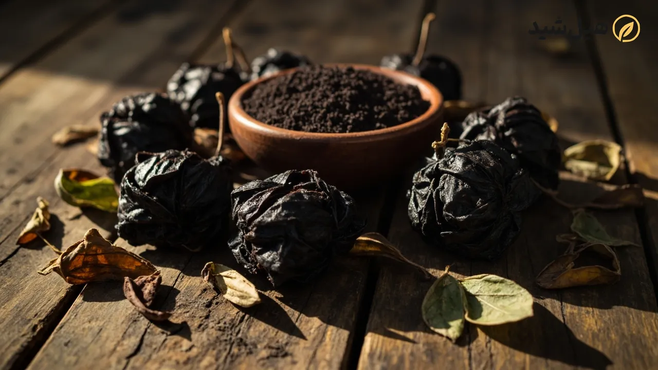 میوه خشک شده هلیله سیاه و پودر آن در کاسه چوبی