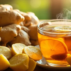 ریشه و برش‌های تازه زنجبیل در کنار دمنوش گرم زنجبیل و لیمو