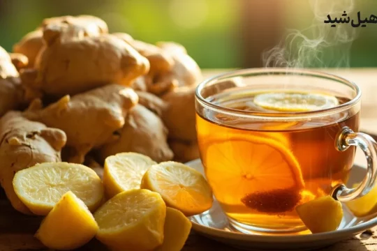ریشه و برش‌های تازه زنجبیل در کنار دمنوش گرم زنجبیل و لیمو
