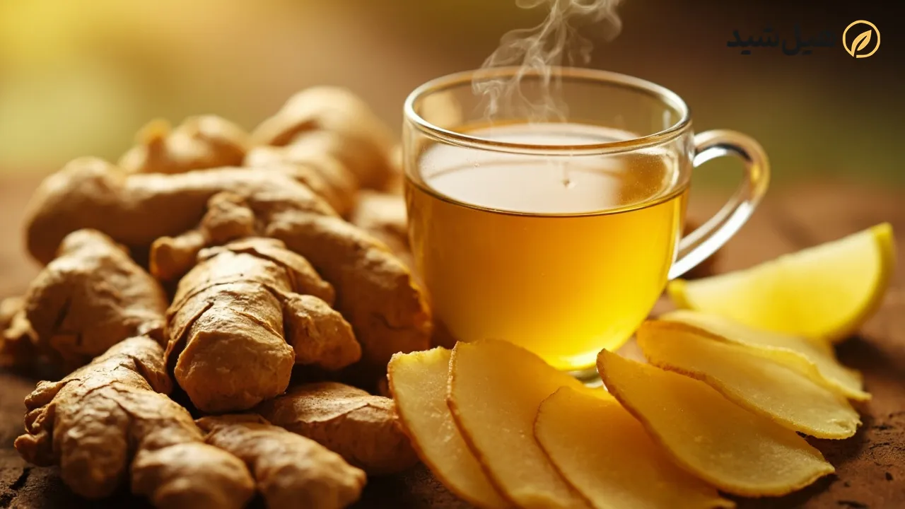 ریشه و برش‌های تازه زنجبیل در کنار دمنوش گرم زنجبیل و لیمو