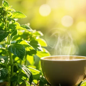 برگ‌های تازه به لیمو و فنجان دمنوش گرم