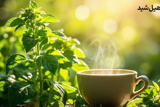 برگ‌های تازه به لیمو و فنجان دمنوش گرم